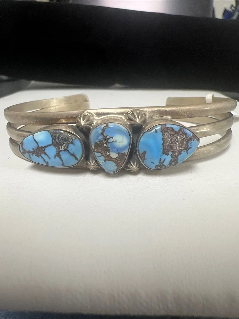 Sterling Silver Turquoise Triple Stone Cuff Bracelet - Golden Hills Turquoise